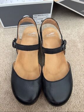 Dansko Black Leather Mary Jane Slingback Clogs